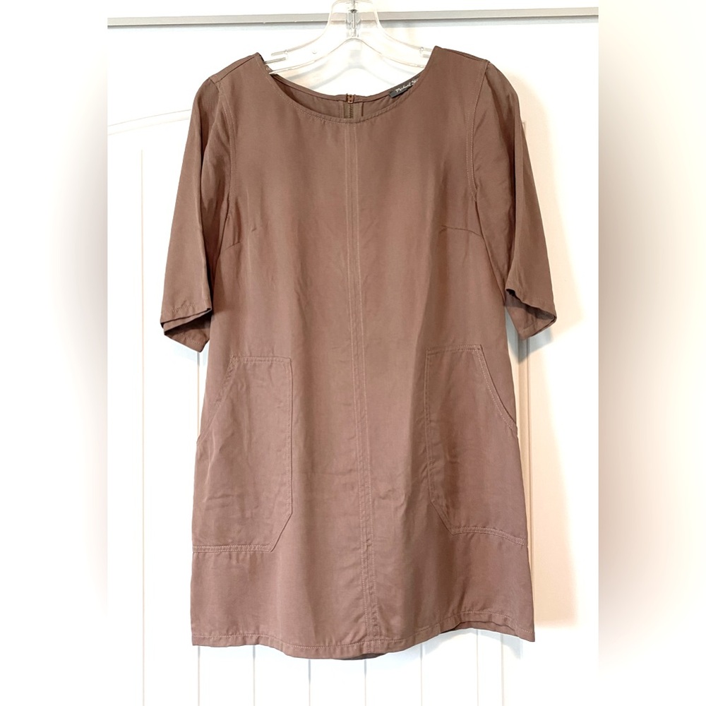 EUC Michael Stars Light Brown Elbow Sleeve Round Neck Dress Tunic Back Zip XS